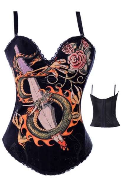Black Snake Sword Tattoo Corset With Multicolot Art Detail and Black Lace Trim, Removable Straps