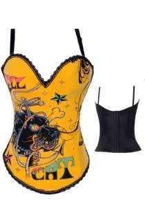Yellow "HellCat" Tattoo Corset With Multicolor Art Detail, Black Lace Trim and Back, Removable Strap