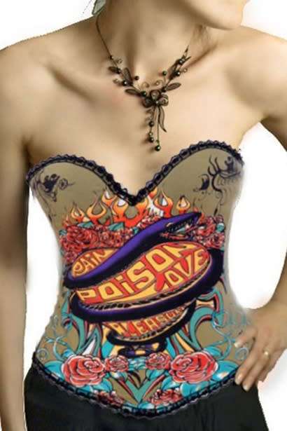 Pin-up Green Overbust Lace Trimmed Rhinestone Corset With Colorful Poison Love Design
