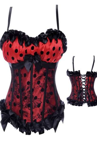Combination-Style Red Corset With Black Polka Dots and Underbust Lace Overlay, Ribbon Bows and Ruche