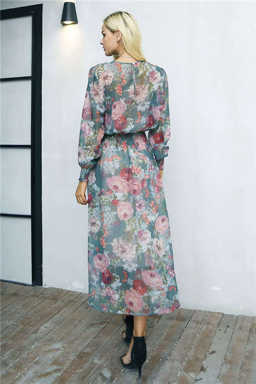 Elegant floral print long dress women two piece maxi chiffon dress autumn Casual high waist elastic