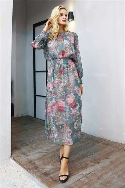 Elegant floral print long dress women two piece maxi chiffon dress autumn Casual high waist elastic