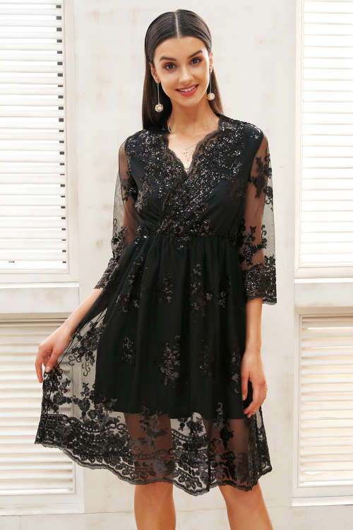 V neck long sleeve sequin party dresses women Sexy mesh streetwear christmas midi dress female 2018