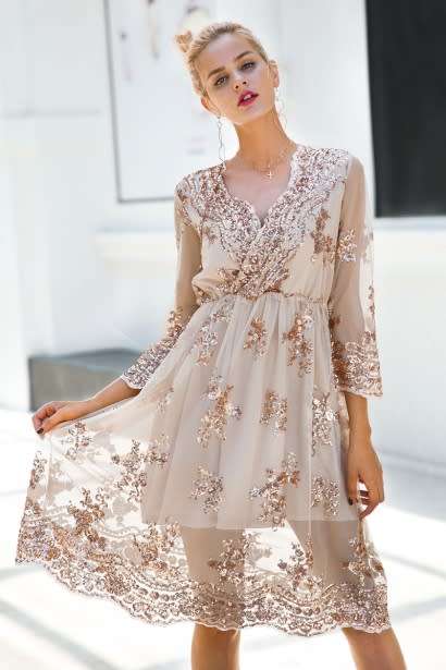 V neck long sleeve sequin party dresses women Sexy mesh streetwear christmas midi dress female 2018