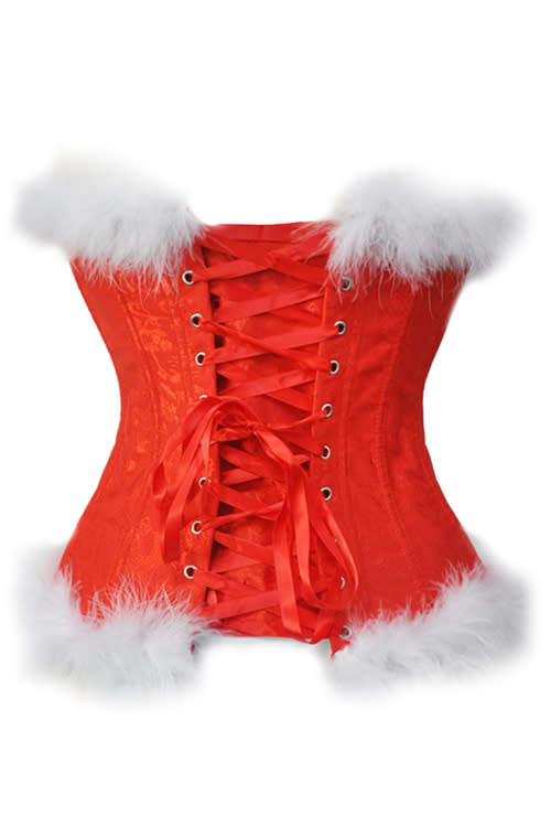 Front Busk Red Brocade Overbust Christmas Corset With White Fur Trim