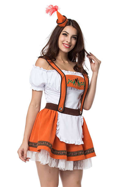 Orange/White Bavarian Oktoberfest Fancy Dress Sexy Beer Girl Costume German Beer Maid Outfits