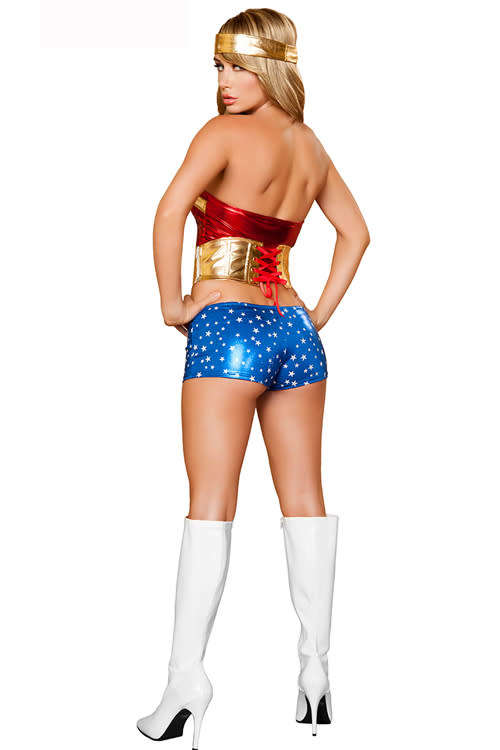 Wonder Woman Costume With Gold and Red Sequin Corset Top, Blue Hot Pants, and Headband