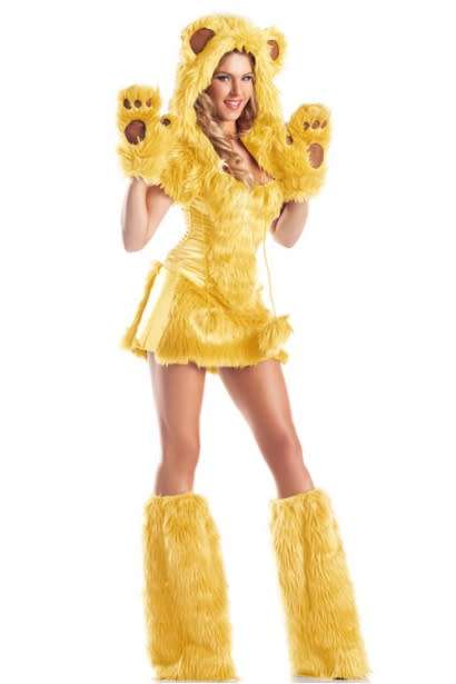 Yellow Bear Costume With Yellow Mini Dress, Fur Trimmed Hood and Gloves, and Boot Covers