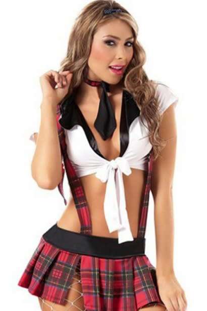 Teaseful School Girl Style Checkered Strap Mini Skirt and Seductive White Deep Plunge Black Collar T