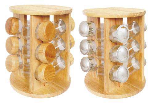 Set of 12 Spice Jars Bamboo Revolving Rack