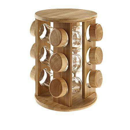 Set of 12 Spice Jars Bamboo Revolving Rack