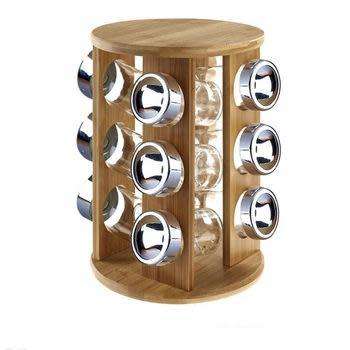 Set of 12 Spice Jars Bamboo Revolving Rack