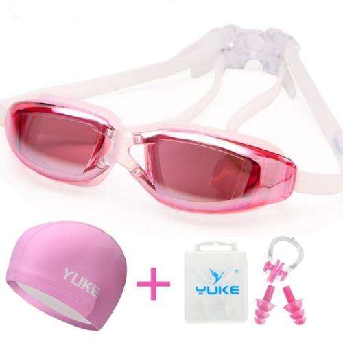 YUKE Anti-Fog UV Protect Swimming Goggles With Swim Cap - Pink (SPH -2.5)