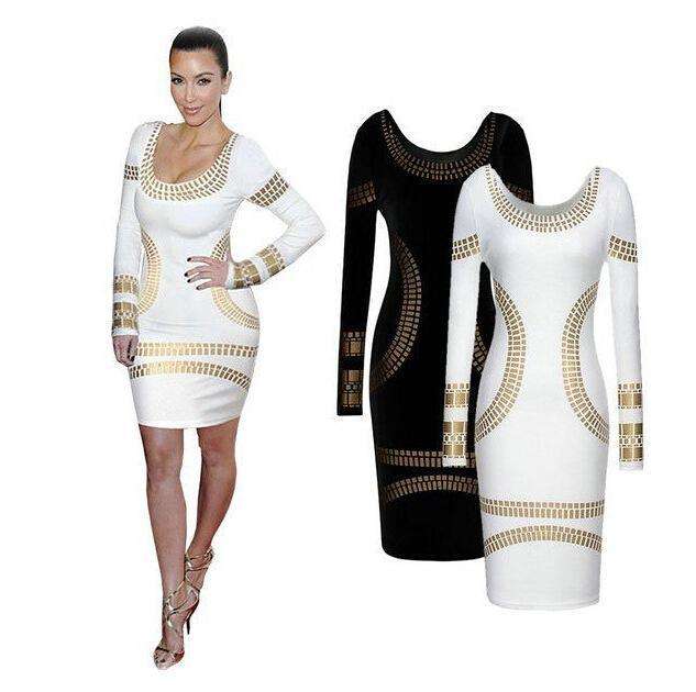 KIM KARDASHIAN  WOMEN BRONZIER PRINT LONG SLEEVE SEXY BODYCON PENCIL CELEBRITY DRESSES