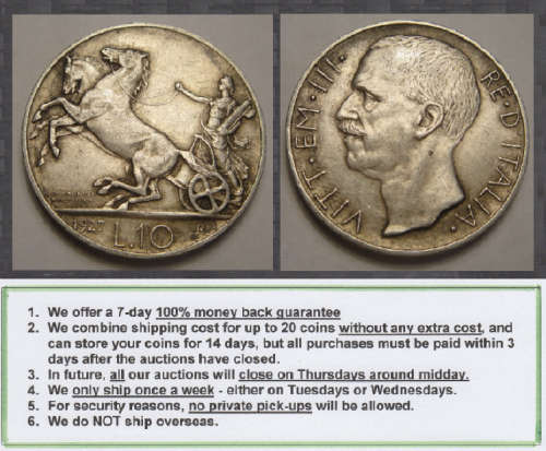 Crazy R1 Start! Italy, SILVER 10 Lire of 1927 (Catalogue value R1500.00+)