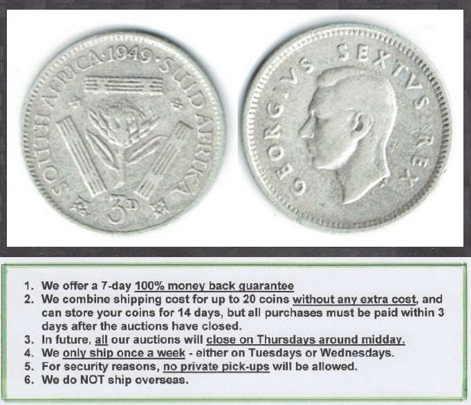 Crazy R1 Start! Union of South Africa, SILVER Three Pence of 1949