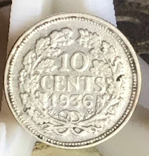 1936 TEN CENT (SILVER) NEDERLAND QUEEN WILHELMINA COIN FULL DETAIL