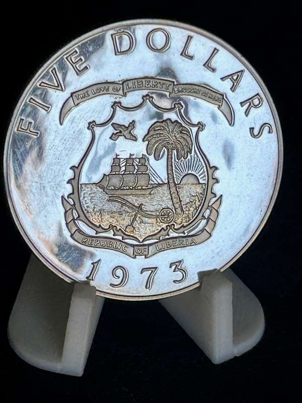 Liberia 1973 Silver (90%) Proof 5 Dollar (Only one on bob) Minted in San Francisco USA (34,1 gram)