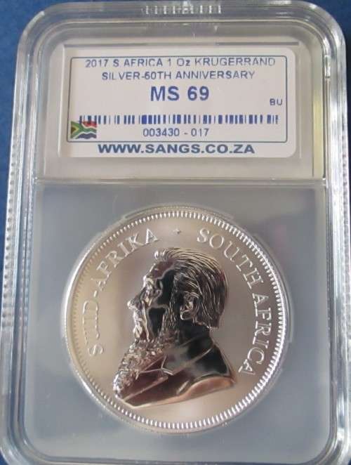 ( LOW START )   2017.. MINTSTATE..GRADE... MS69... . 1oz...999.9%  ..PURE SILVER KRUGERRAND