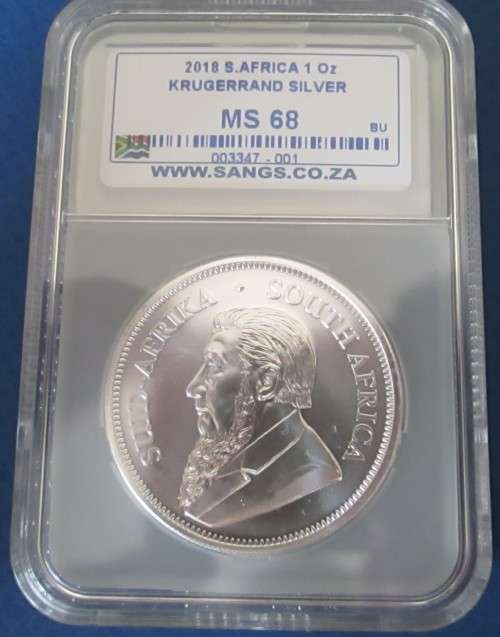 ( LOW START ) 2018.... MINTSTATE..GRADE... MS68...  1oz...999.9% ..PURE SILVER KRUGERRAND