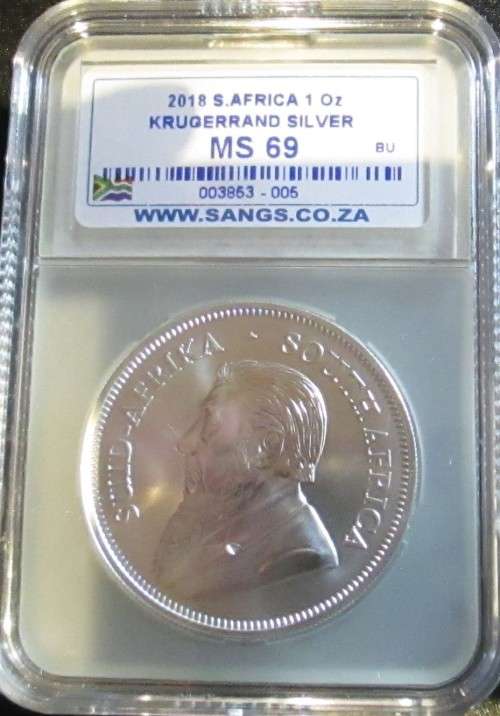( LOW START )..KRUGERRAND.. 2018.... MINTSTATE..GRADE..MS69..1oz  999.9% PURE SOLID  SILVER