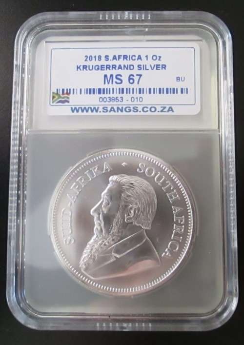 ( LOW START ) 2018.... MINTSTATE..GRADE... MS67...  . 1oz.....PURE SILVER KRUGERRAND