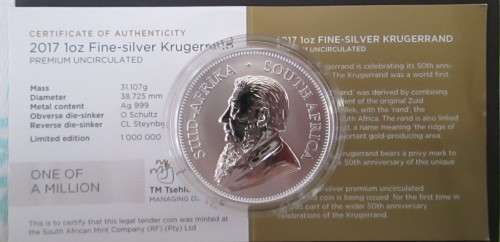 ( LOW START )...KRUGERRAND...NEW   2017.. " MINTMARK "...999.9 %. .PURE SILVER