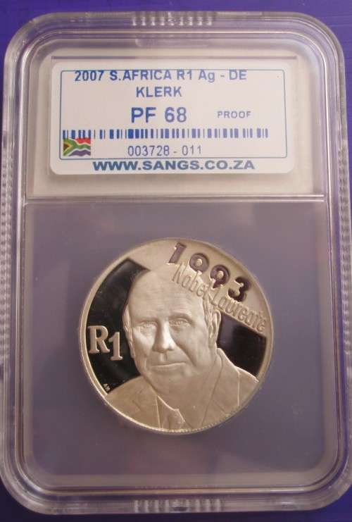 ( LOW START )...F W DE KLERK...2007...NOBEL PEACE PRIZE .( 1993 ) ..PROOF PF68...IN FINE SILVER