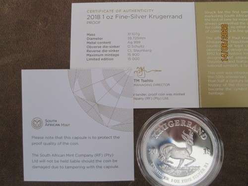..KRUGERRAND. .2018.. (.PROOF ).. . 1oz....999.9%  .PURE SOLID SILVER....( FULL HOUSE )
