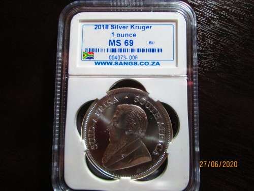 ( LOW START )   2018  TOP MINTSTATE GRADE MS69  1oz 999.9%  PURE SOLID SILVER KRUGERRAND