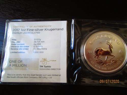( LOW START )  FIRST YEAR RELEASE  2017  PURE SILVER KRUGERRAND  " PRIVY / MINTMARK "   MINT C.O.A