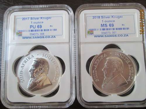FIRST TWO YEARS  TOP GRADES  2017 PU69 & 2018 MS69  SILVER  KRUGERRANDS   ( BID PER SET )