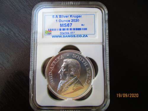 ( LOW START )   2020   GRADE MS67  1oz  999.9%  PURE SOLID SILVER KRUGERRAND