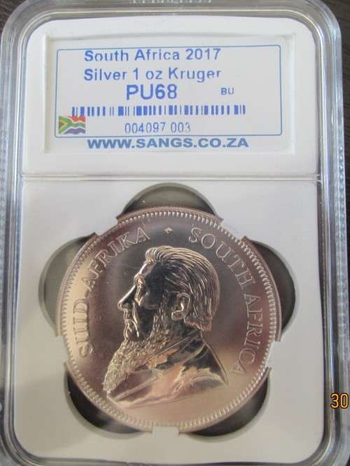 ( LOW START )   2017  FIRST YEAR   KRUGERRAND   GRADE PU68    1oz  999.9%  PURE  SILVER
