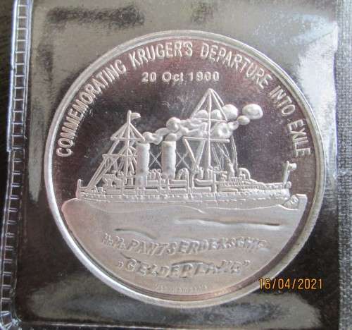 ( PRICE WATCH )  PAUL KRUGER'S DEPARTURE INTO EXILE    1oz  999.9%  PURE SILVER