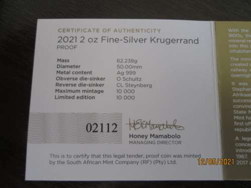 ALL  NEW  2021   ( TWO OUNCE )  PROOF SILVER KRUGERRAND    FULL HOUSE