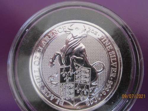2018   TWO OUNCE       QUEEN'S BEAST  ( BLACK BULL )    999.9% PURE SOLID SILVER