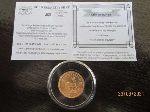 2021    1/10oz  GOLD BULLION   KRUGERRAND     AUTHENTICATED AND CAPSULED