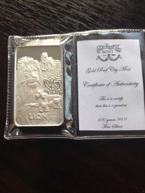 100gram    999.9%  PURE SOLID SILVER  MINTED  BAR     #    BIG 5  LION   #    CERTIFIED