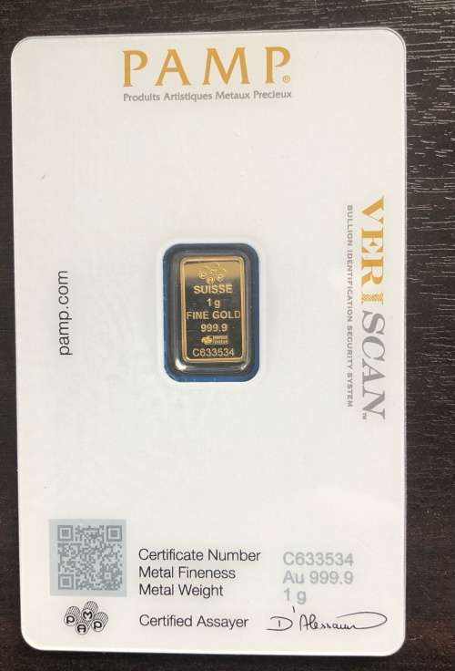 ONE GOLD GRAM    PAMP SUISSE    24ct GOLD BAR    CERTIFIED AND SEALED