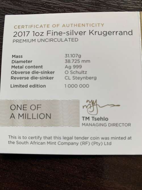 2017  RSA  50th  ANNIVERSARY  PREMIUM  UNCIRCULATED SILVER KRUGERRAND  ( PRIVI MARKED )   CERT. INCL
