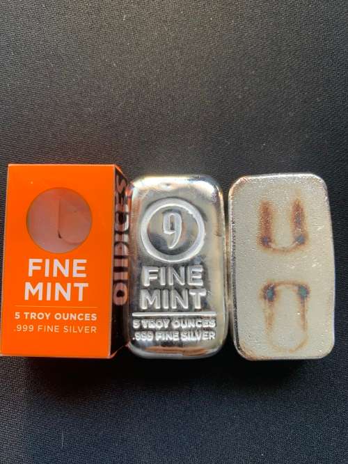 (  FIVE OUNCE )   9FINE MINT    PURE SOLID  SILVER    CAST POURED DUMPY BAR