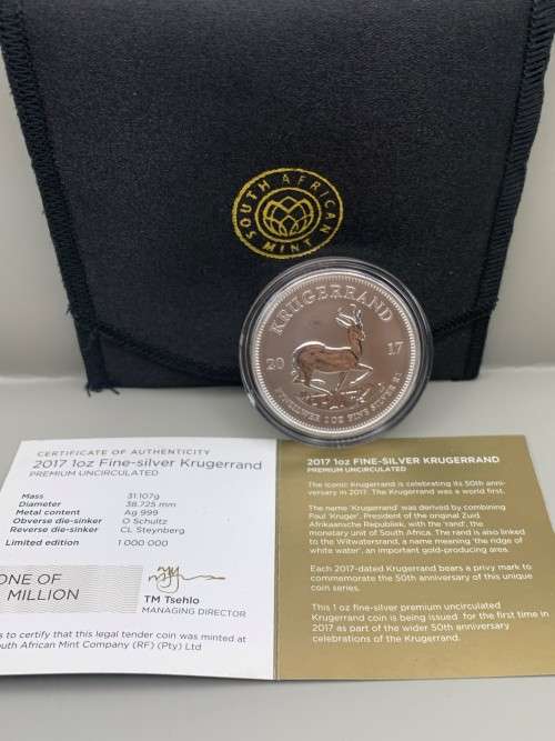 (  2017  PRIVY  )     KRUGERRAND  50th  ANNIVERSARY SILVER    PREMIUM  UNC.    CERT. INCL