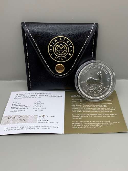 (  2017  PRIVY  )  RSA  50th  ANNIVERSARY  PREMIUM  UNC. SILVER KRUGERRAND    CERT. INCL
