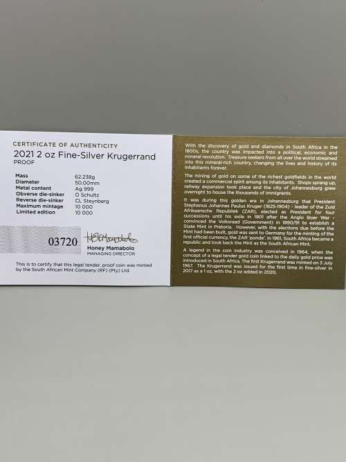 2021  KRUGERRAND   (TWO OUNCE )  PROOF  PURE SILVER  LIMITED EDITION CERTIFIED