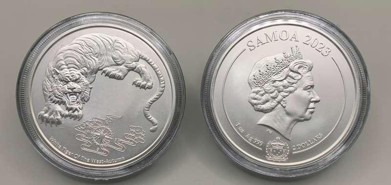 (  10,OOO PIECES )   WHITE TIGER OF THE WEST AUTUMN  COIN  2023   SAMOA   1oz   999.9%  PURE SILVER
