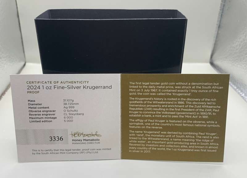 (  MINTAGE  5000  )   2024    KRUGERRAND  1oz      PROOF     PURE   SILVER     FULL HOUSE