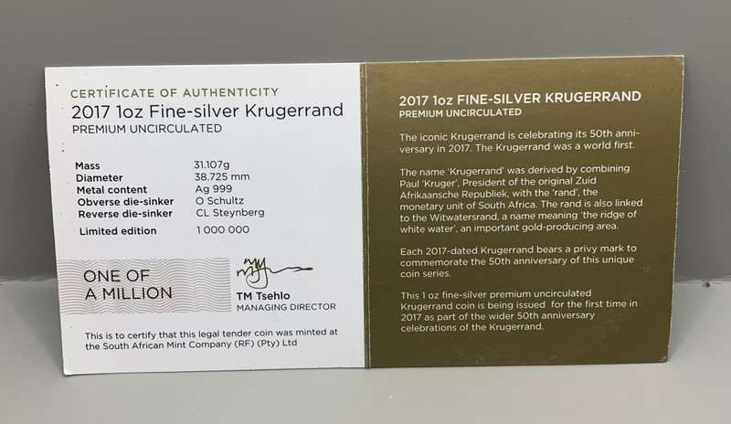 (  2017  PRIVI  )  RSA  50th  ANNIVERSARY  PREMIUM  UNC. SILVER KRUGERRAND    CERT. INCL