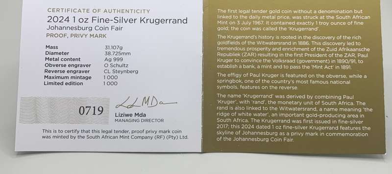 (   JHB FAIR PRIVY )   NEW 2024     PROOF   1oz SILVER   KRUGERRAND   FULL HOUSE