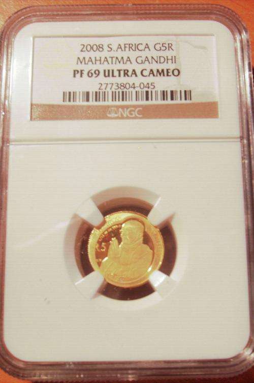 PF69... MAHATMA GANDHI ..( 2008 )  1/10oz. 24carat. GOLD...( .PROOF )